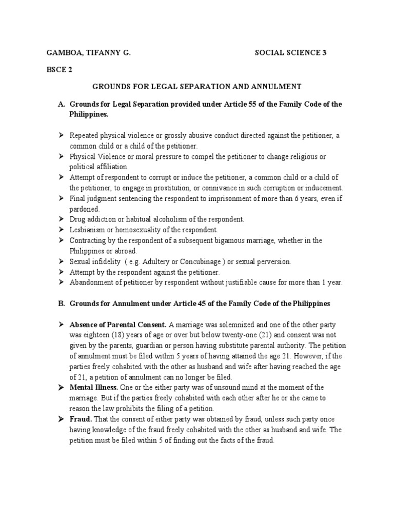 Grounds For Legal Separation and Annulment PDF Annulment Marriage