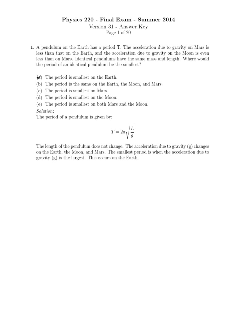 Physics 220 - Final Exam - Summer 2014 Version 31 - Answer Key | PDF ...