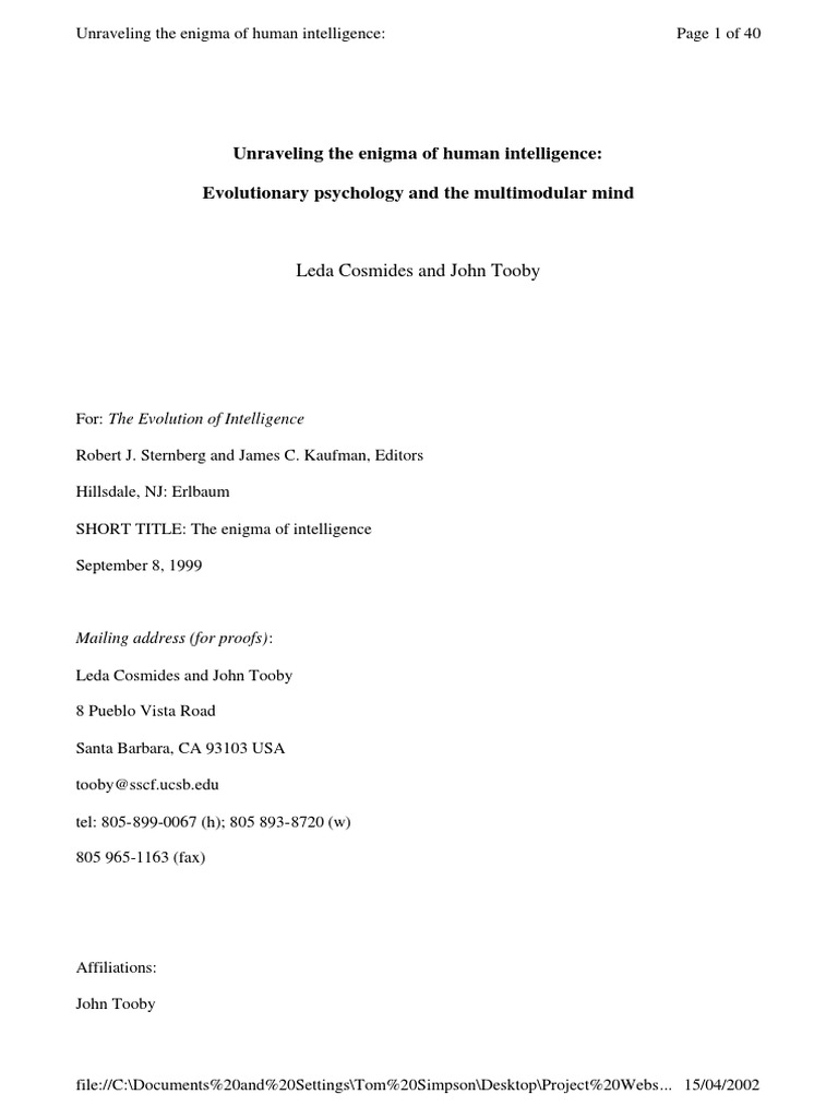 Unraveling The Enigma of Human Intelligence - Toby & Cosmides | PDF ...