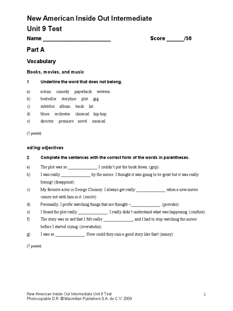 New American Inside Out Intermediate Unit 9 Test: Part A | PDF ...