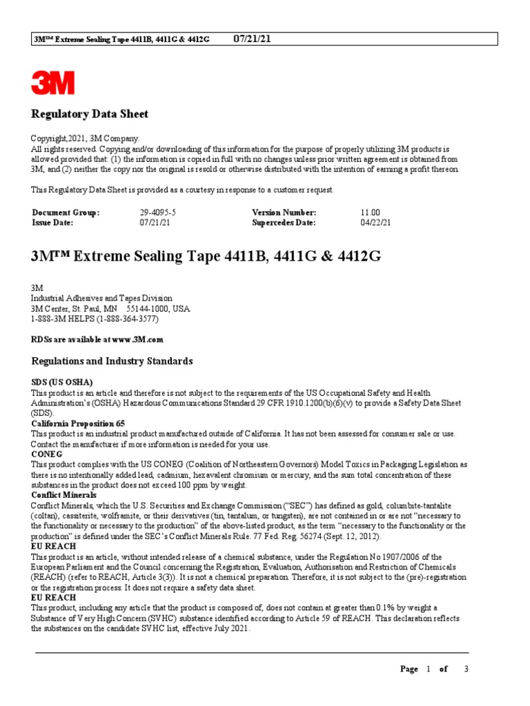 3M Extreme Sealing Tape MSDS PDF Chemistry Chemical Substances