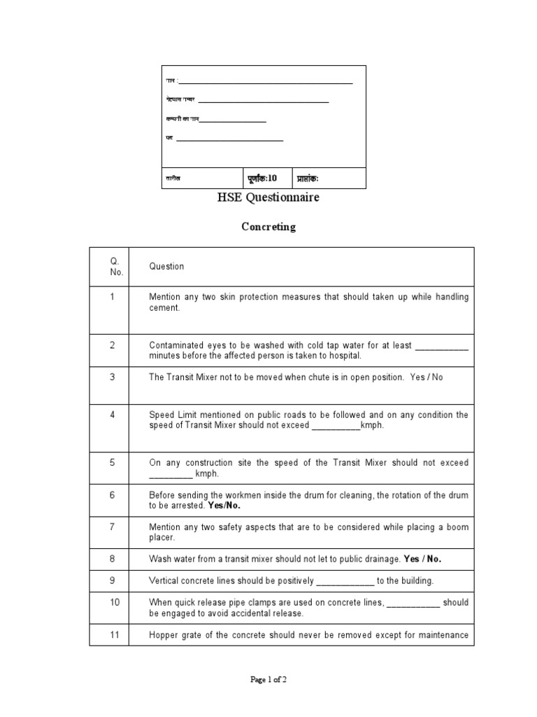 HSE Questionnaire for Concreting Safety | PDF