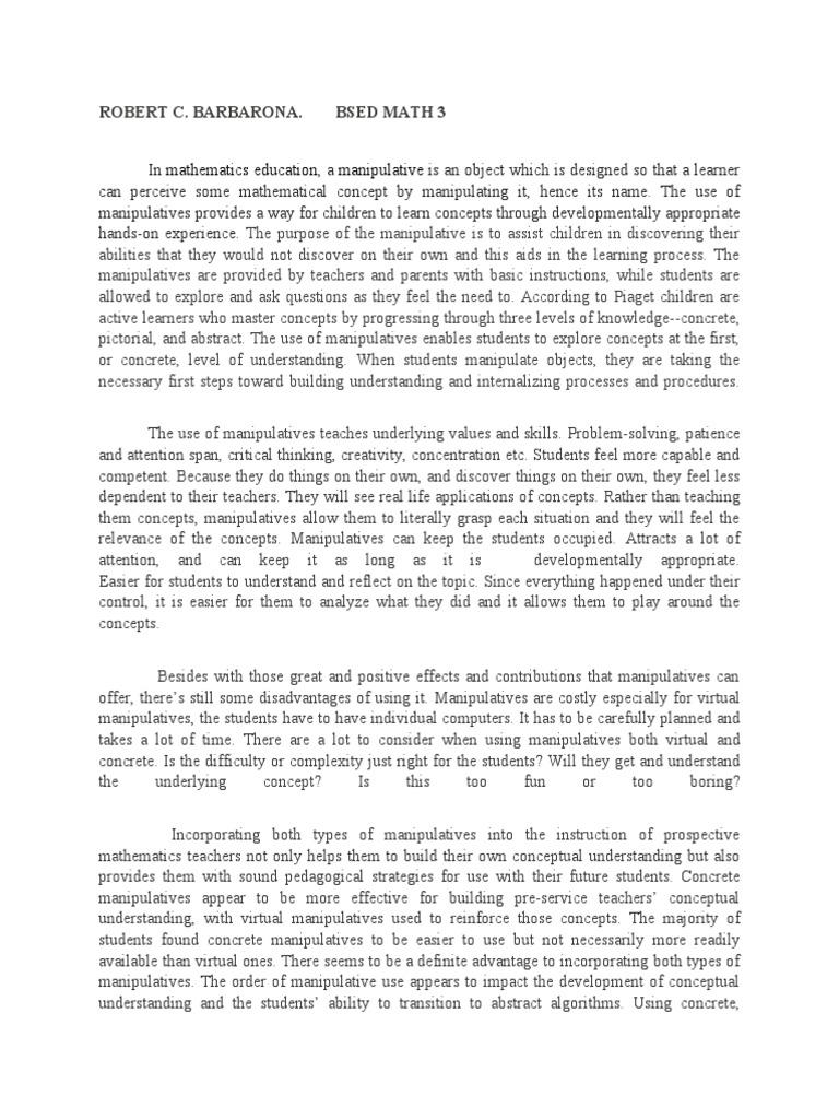 Benefits of Manipulatives in Math Education | PDF | Learning | Concept