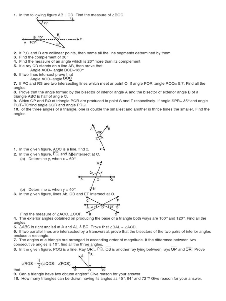 Lines and Angles: Class 9 Exercises | PDF | Triangle | Angle