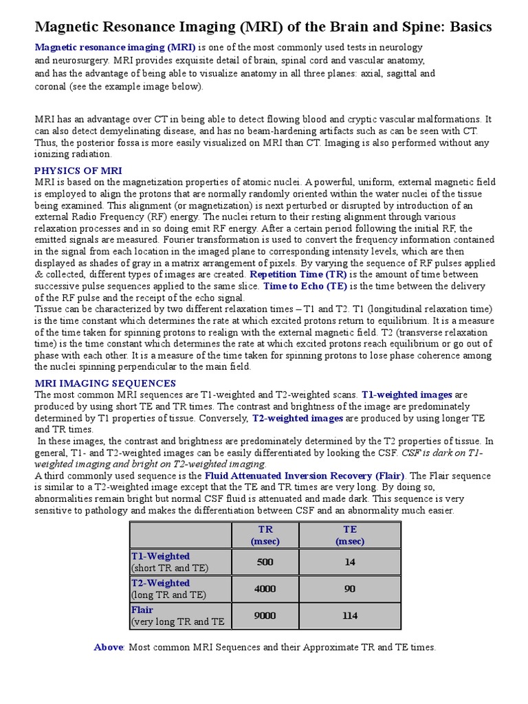 MRI Basics for Brain and Spine Imaging | PDF | Magnetic Resonance ...