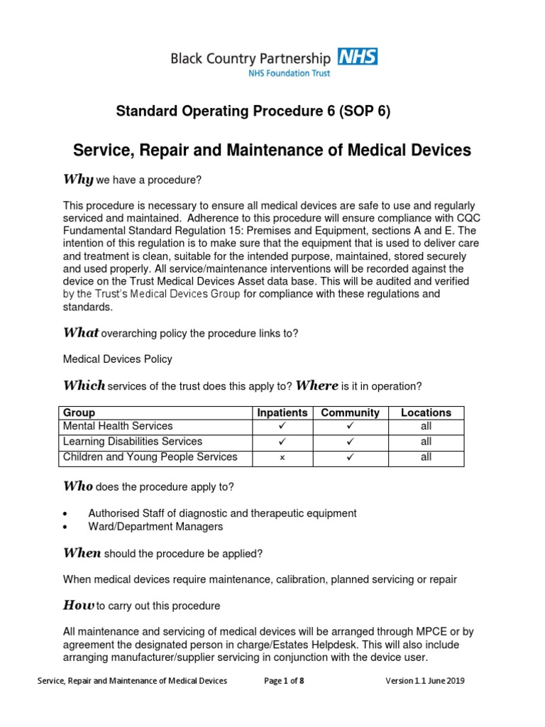 Medical Devices SOP 6 Service Repair and Maintenance of Medical