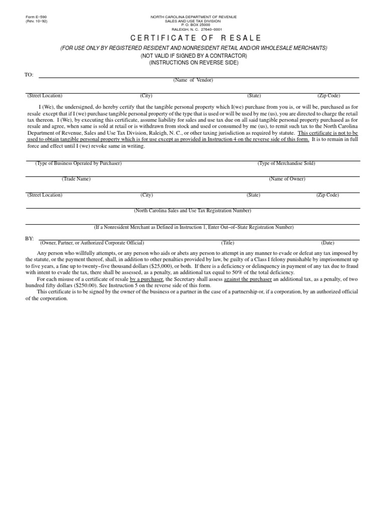 NC - Certificate of Resale | Download Free PDF | Use Tax | Civil Law ...