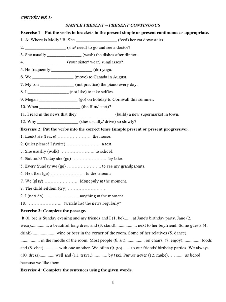 Present Simple vs. Present Continuous Exercises | PDF