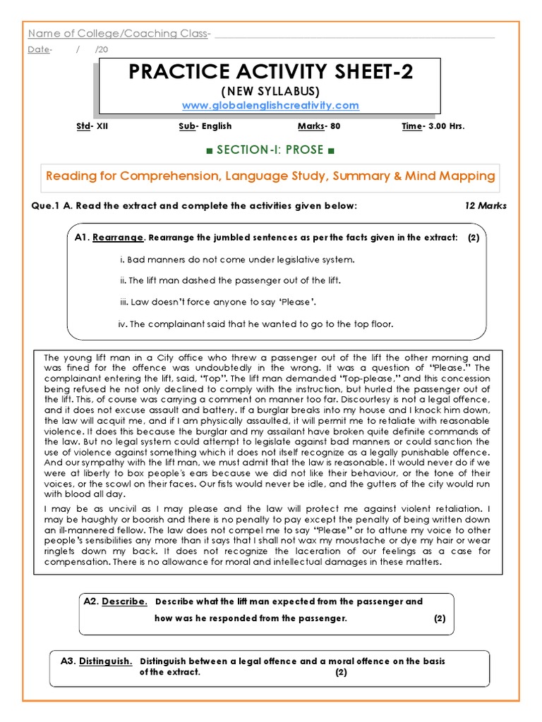 Std.12 Practice Activity Sheet No 02 | PDF | Grammar | Linguistics