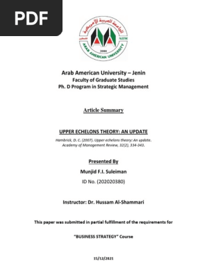 Article Summary - Upper Echelons Theory- An Update - munjid suleiman