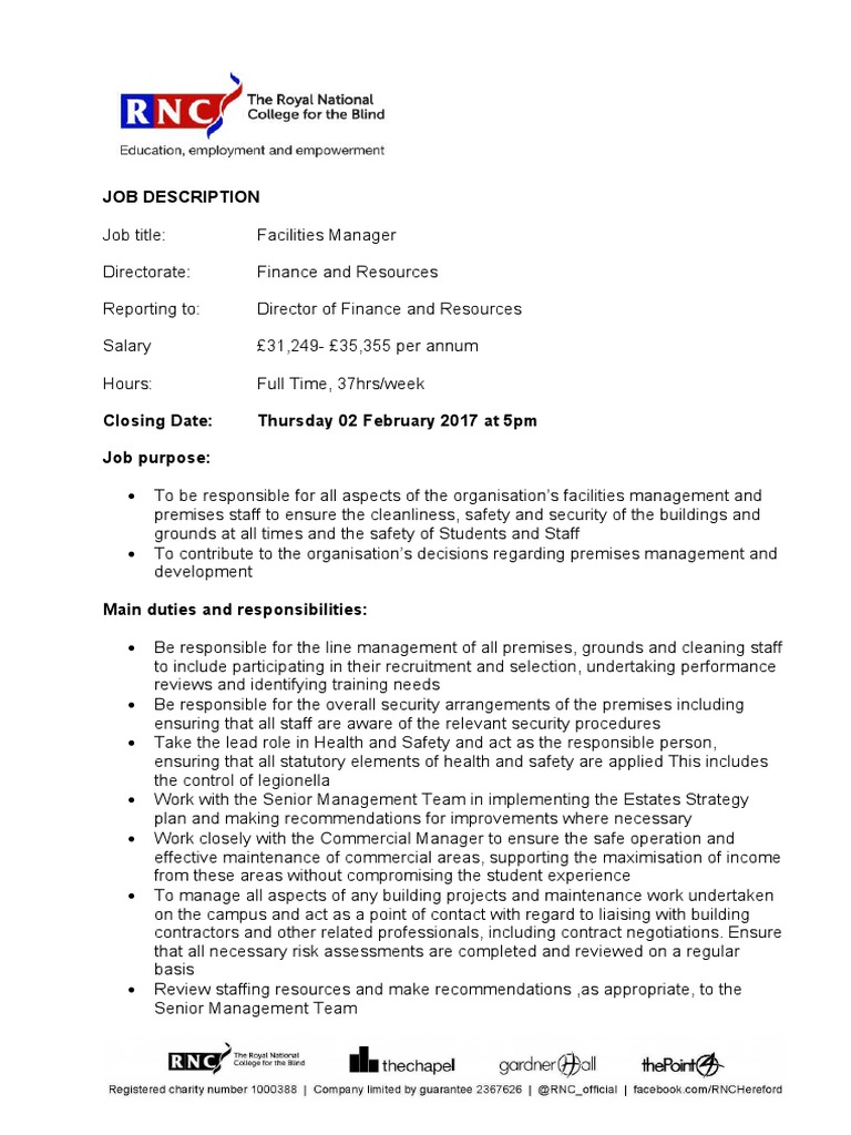 Facilities Manager Job Description Word Document PDF Occupational Safety And Health Economies