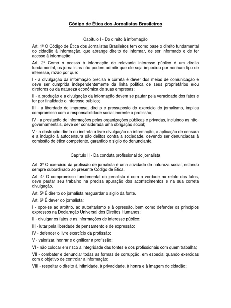 Código de Ética dos Jornalistas Brasileiros | PDF | Jornalismo | Sindicato