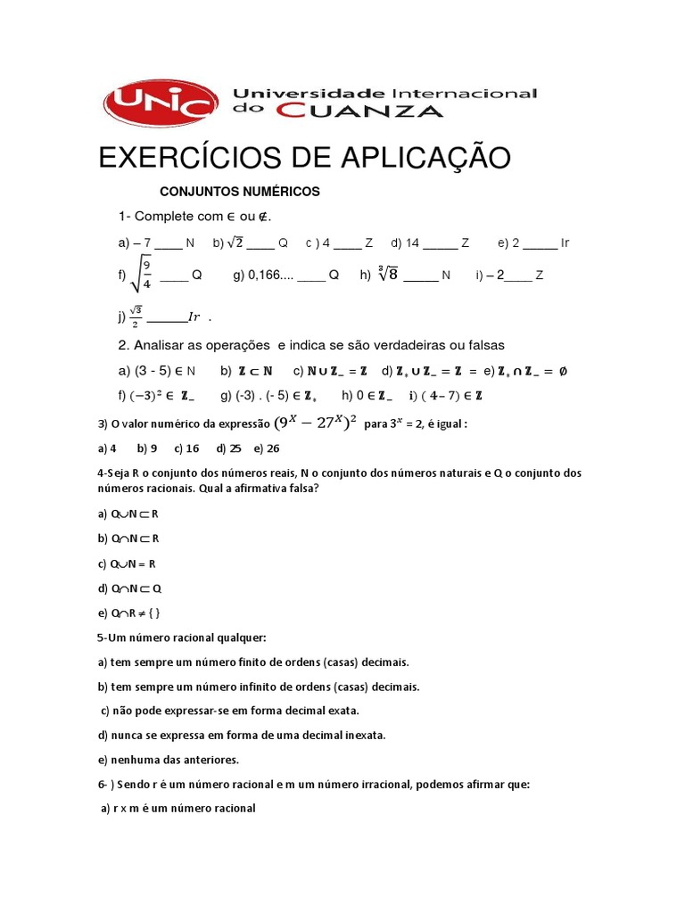 Lista De Exercicios Pdf Números Número Real