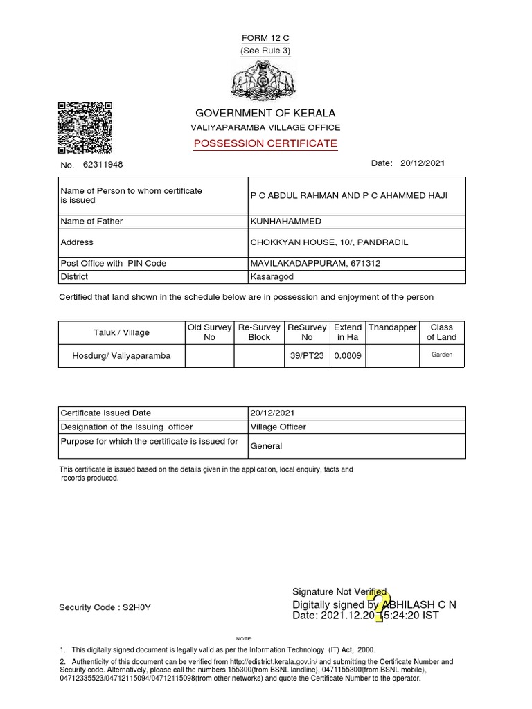 Government of Kerala: Possession Certificate | Download Free PDF ...