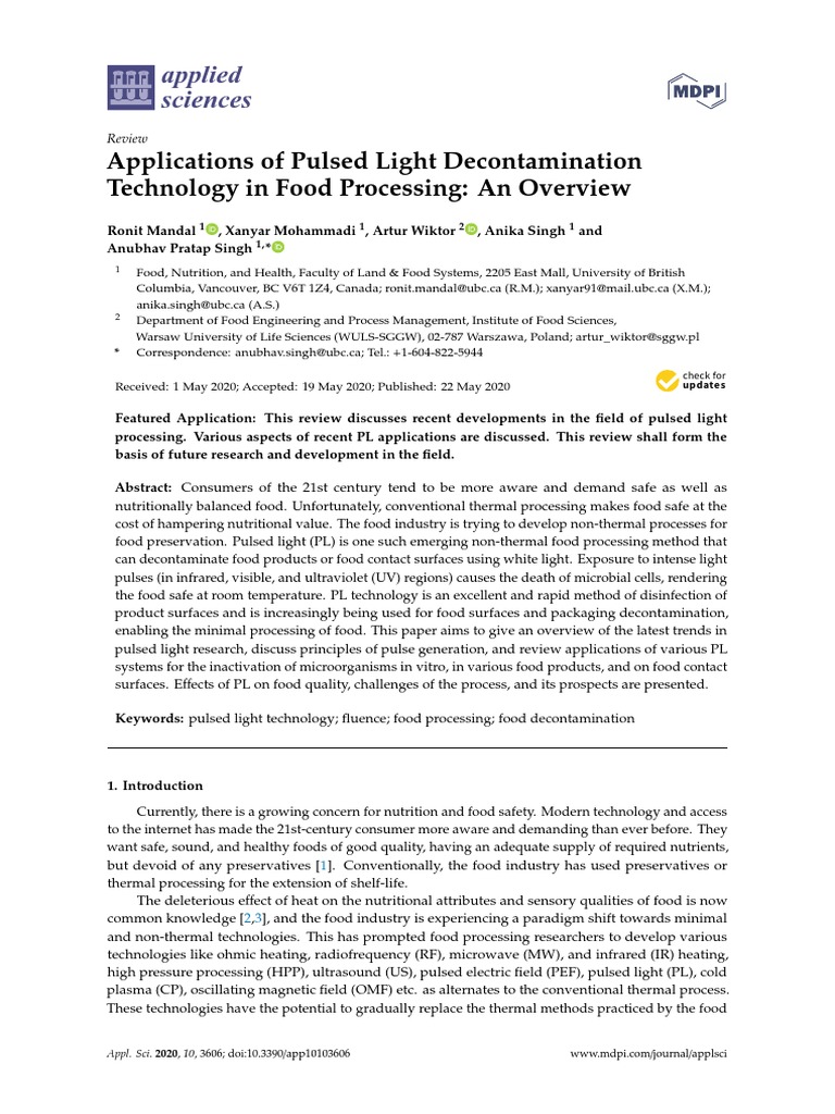 Applied Sciences Applications of Pulsed Light Decontamination