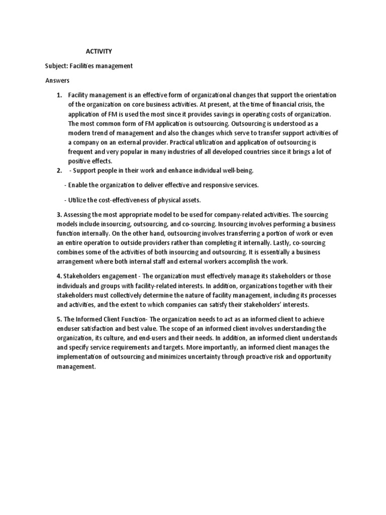 Facilities Management Activity Answers | PDF | Outsourcing | Economies