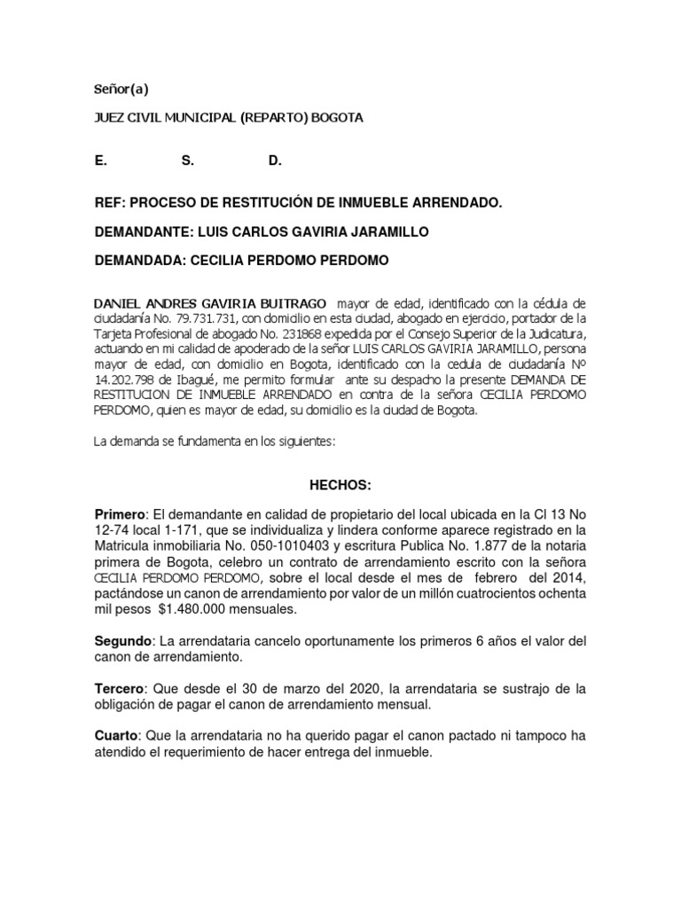 Demanda de Restitución de Inmueble | PDF | Justicia | Crimen y violencia