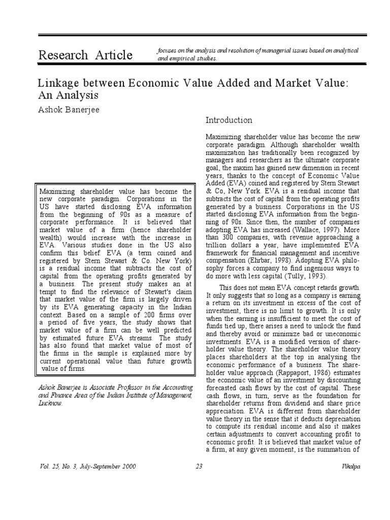 Research Article: Linkage Between Economic Value Added and Market Value ...