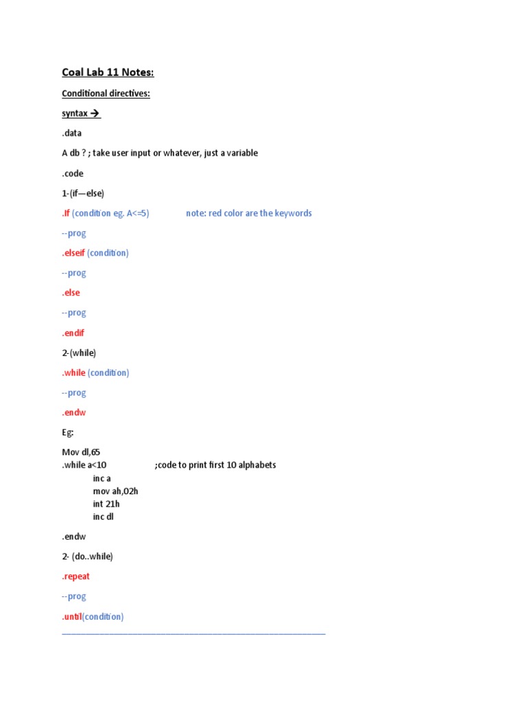 Coal Lab 11 Notes:: Conditional Directives: Syntax | PDF | Computer ...