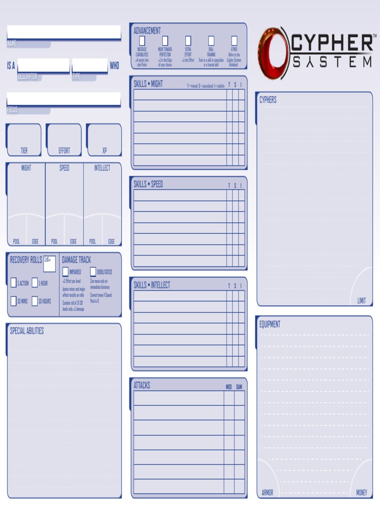 Cypher System Character Sheet Template | PDF | Role Playing Games | Gaming