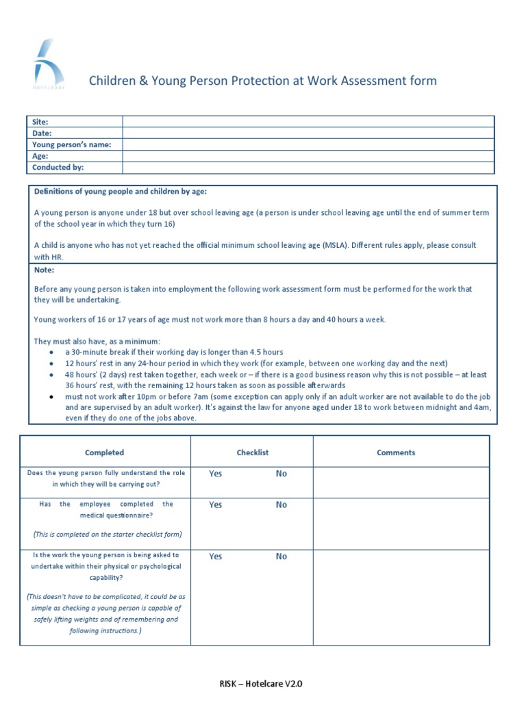 Young Persons Risk Assessment Form | PDF | Emergency | Risk