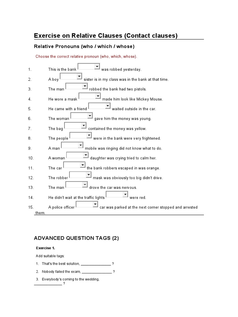 Relative Clauses Exercise Worksheet | PDF | Cognitive Science | Grammar