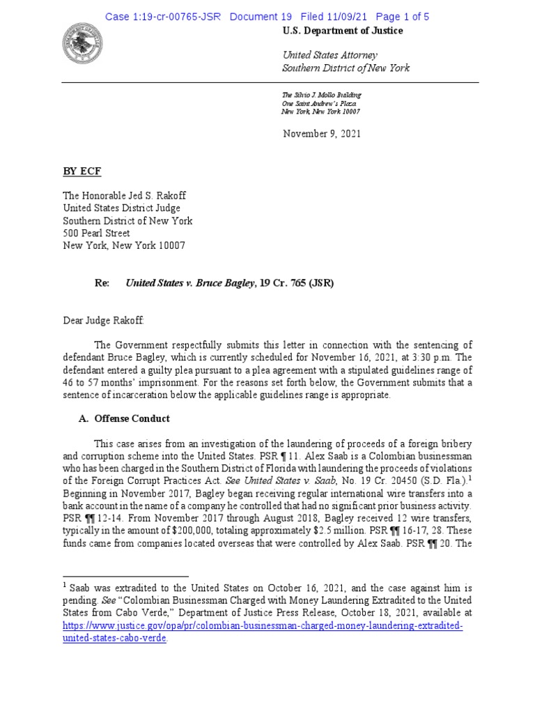 U.S. Department of Justice United States v. Bruce Bagley, 19 Cr. 765