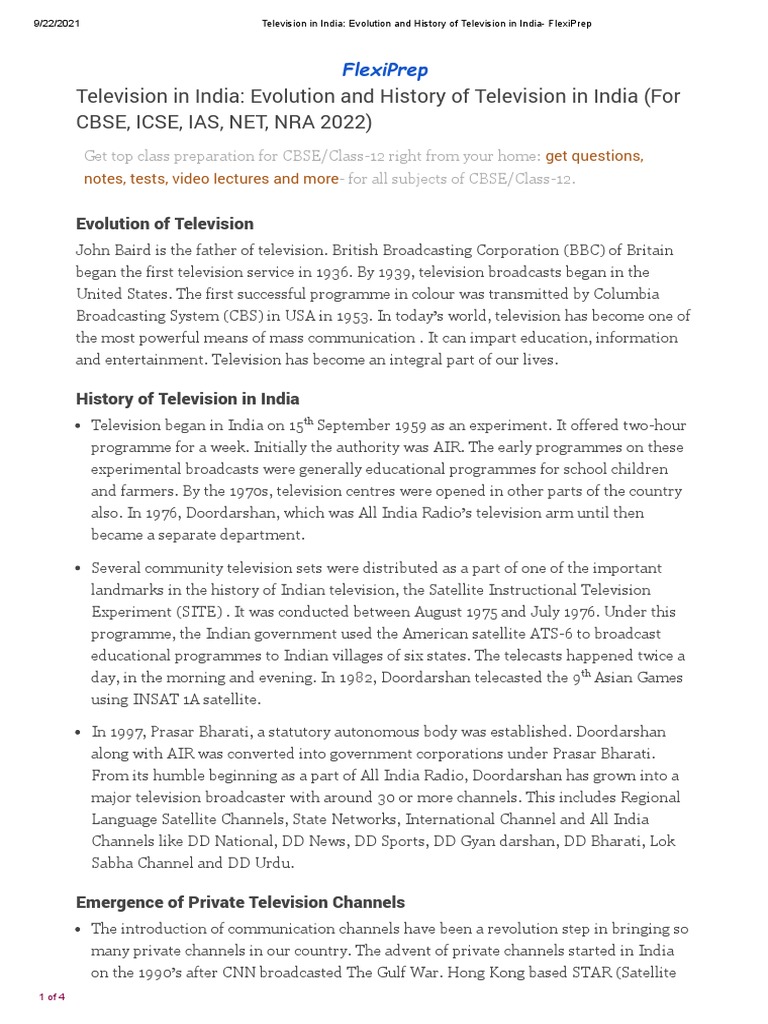 NIOS Class 12 Mass Communication CH 13 Television in India PDF