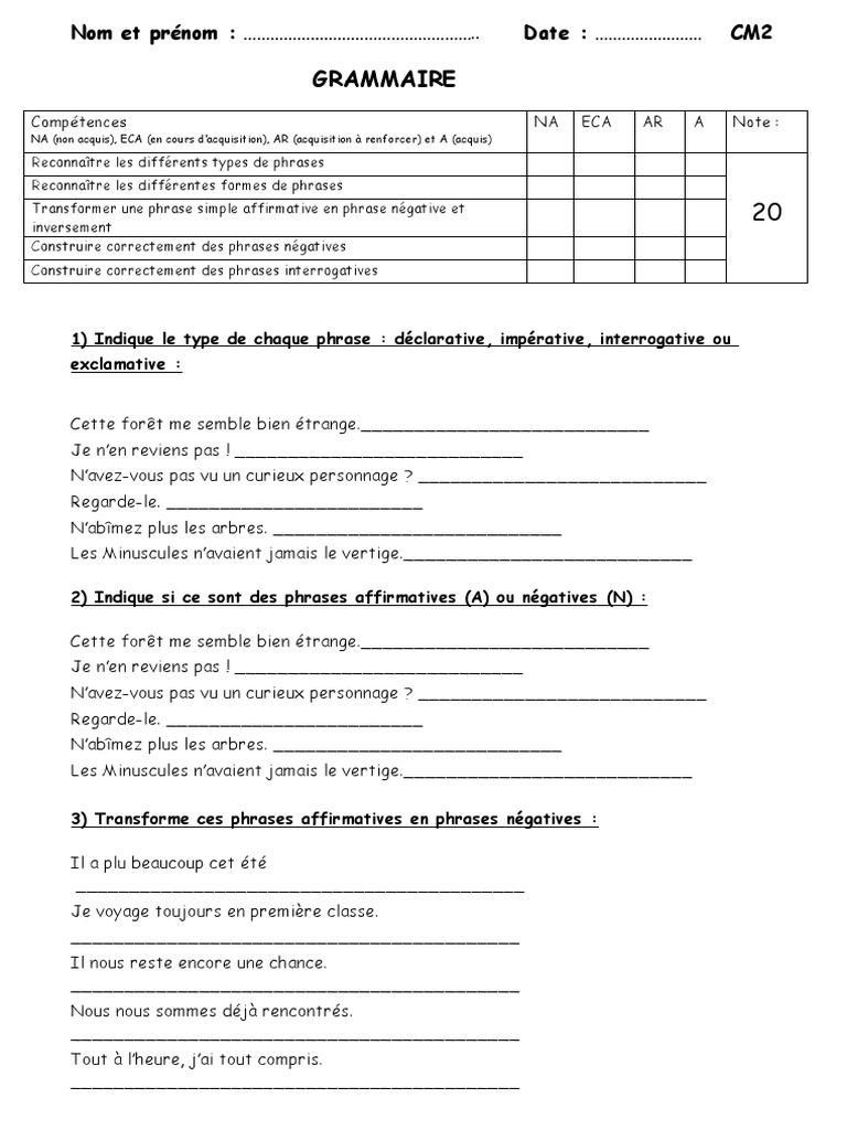 Exercices Type Et Forme De Phrase Évaluation Gram Types Et Formes Des Phrases cm2 | PDF | Phrase