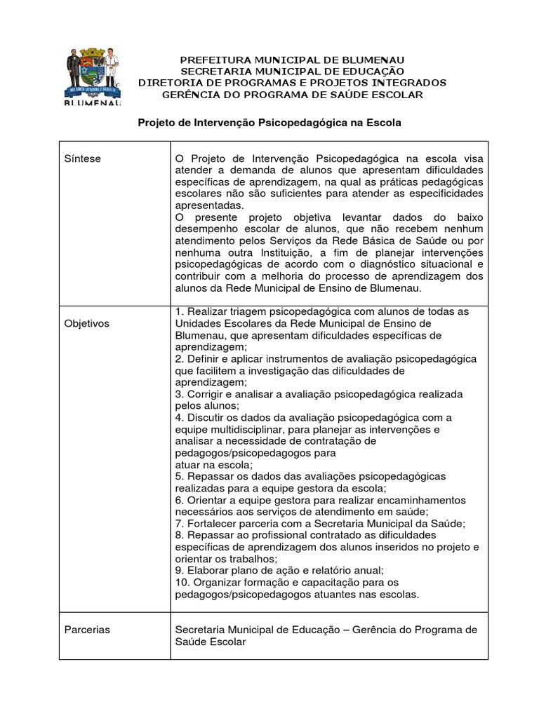 Projeto de Intervenção Psicopedagógica Escolar | PDF | Pedagogia ...