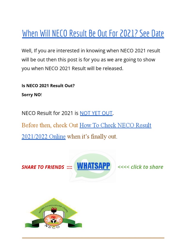 2021 Neco Results Latest Update PDF