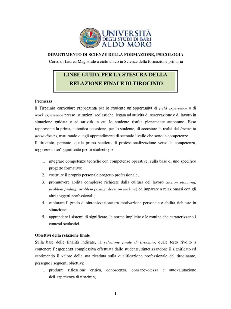 Linee Guida Per La Stesura Della Relazione Finale Di Tirocinio 2019-20 ...
