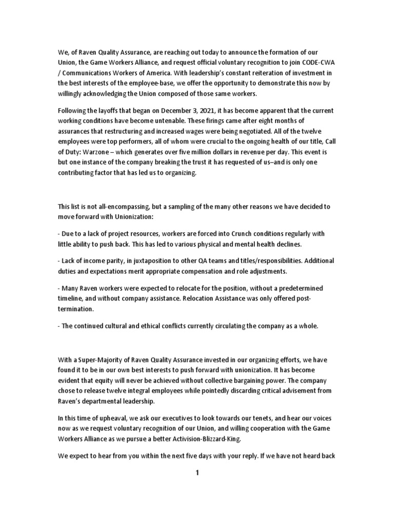 Raven Software Union Recognition Letter | PDF | Trade Union | Employee ...