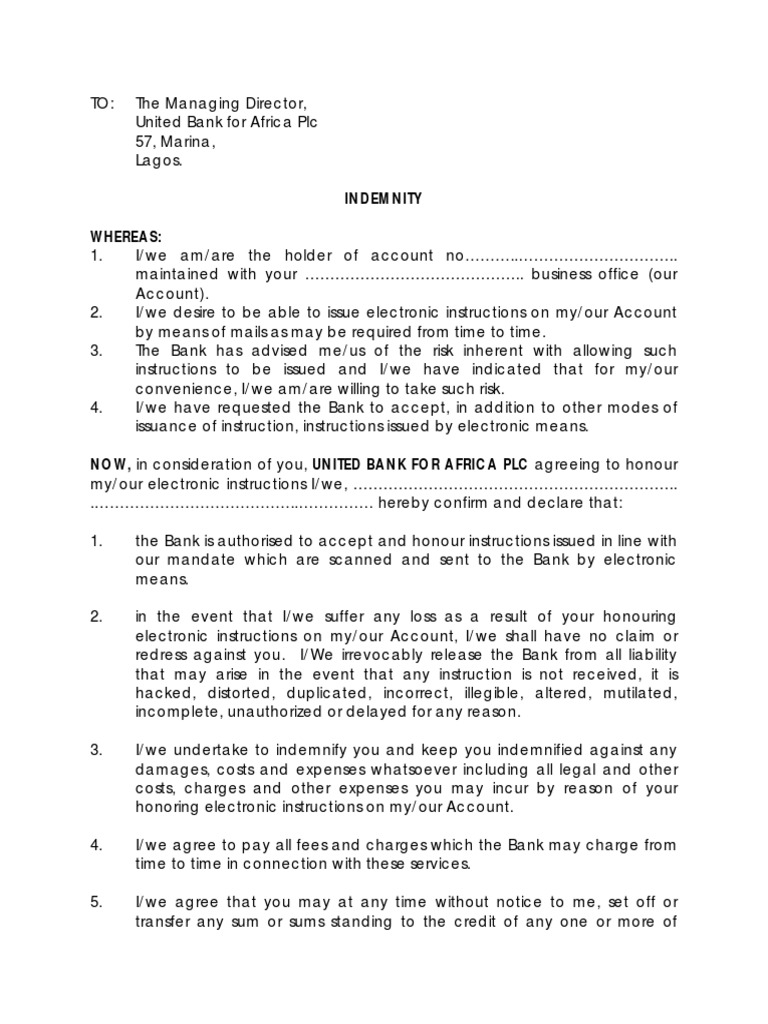 Indemnity Electronic Instruction PDF Indemnity Common Law