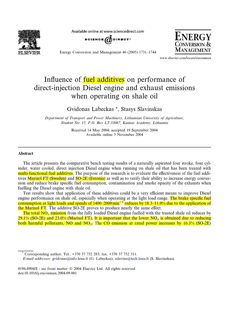 Fuel Additives Impact on Diesel Engine Performance | PDF | Exhaust Gas ...