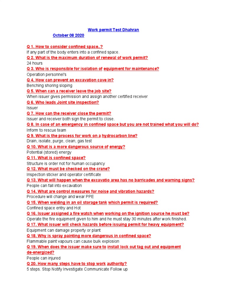 Aramco Work Permit Test Questions | PDF | Working Conditions | Workplace
