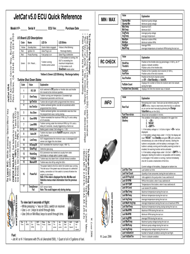 JetCat ECU V5.0 Quick Reference Guide | PDF | Throttle | Vacuum Tube