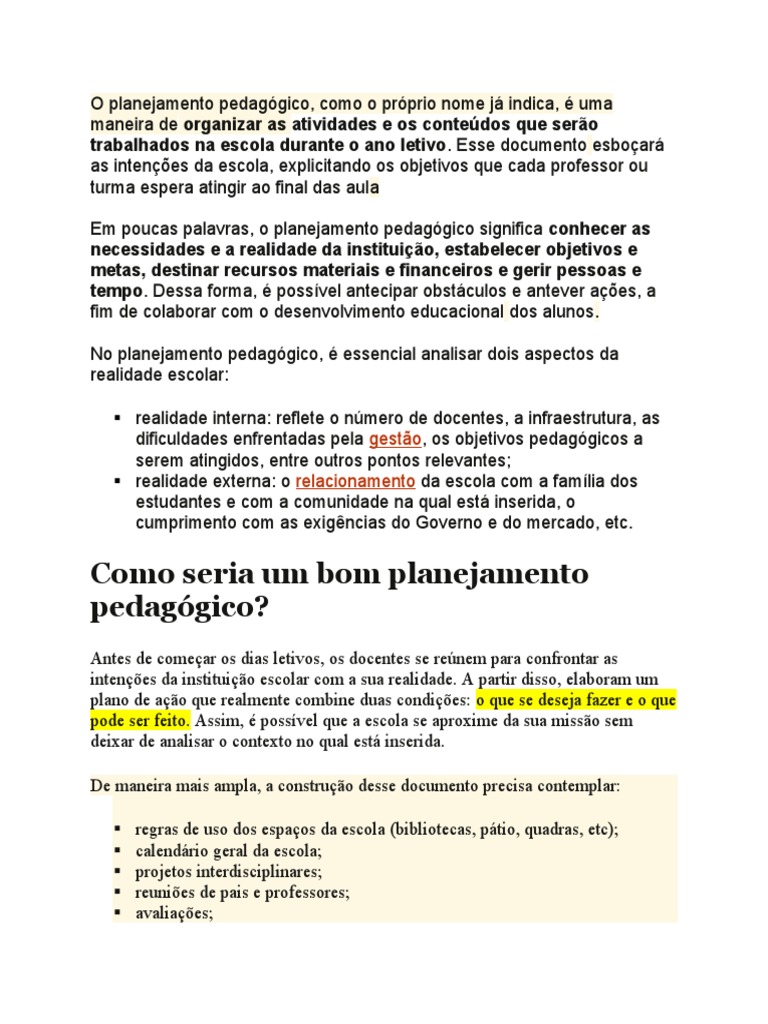 Importância do Planejamento Pedagógico | PDF | Planejamento | Pedagogia