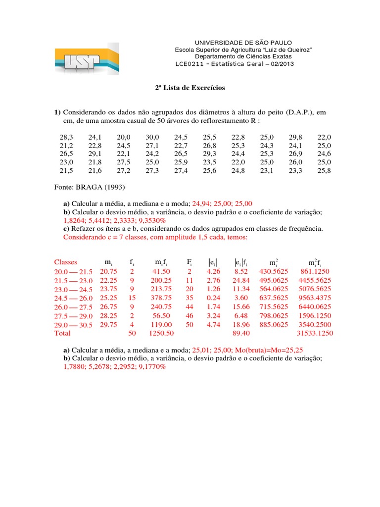 2 Lista Exercicios Gabarito | PDF | Mediana (Estatística) | Matemática