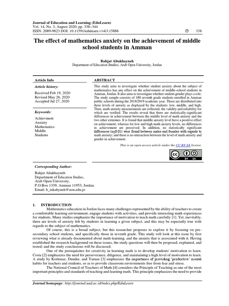 The Effect of Mathematics Anxiety On The Achievement of Middle School ...