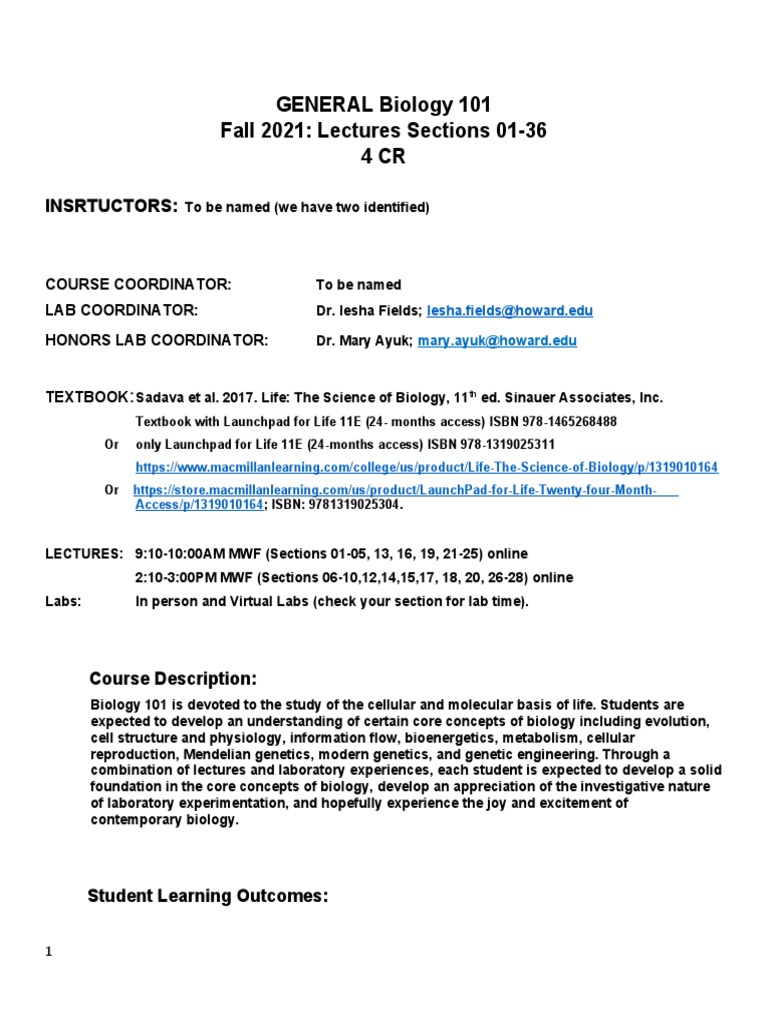 General Biology 101 Syllabus Fall 2021 | PDF | Gene | Cell (Biology)