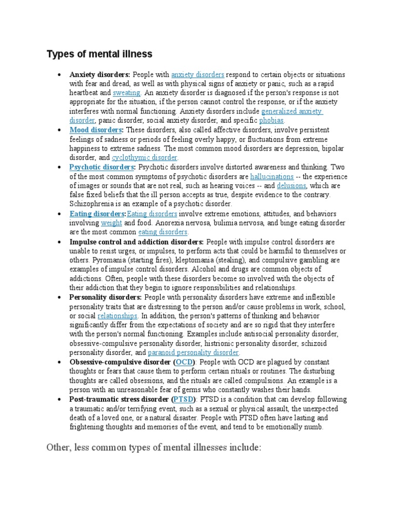 Types of Mental Illness | PDF | Mental Disorder | Personality Disorder