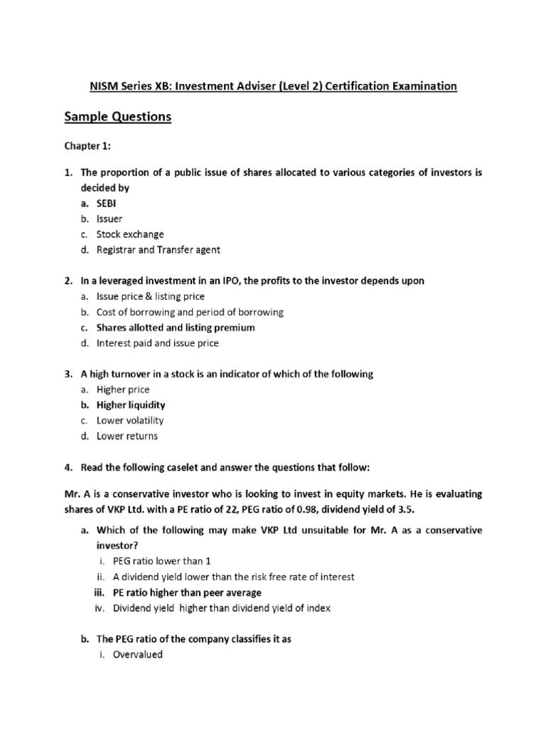 Investment Advisor XB L2 Question Format From NISM PDF