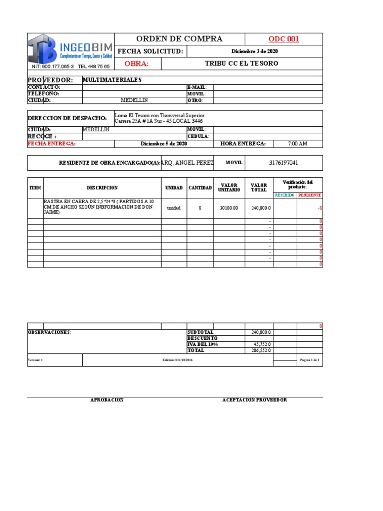 Orden de Compra de Materiales | PDF