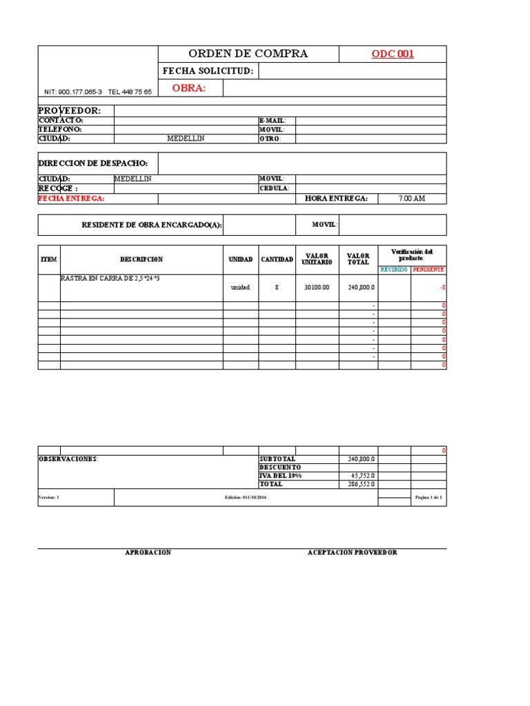 Orden de Compra de Materiales | PDF