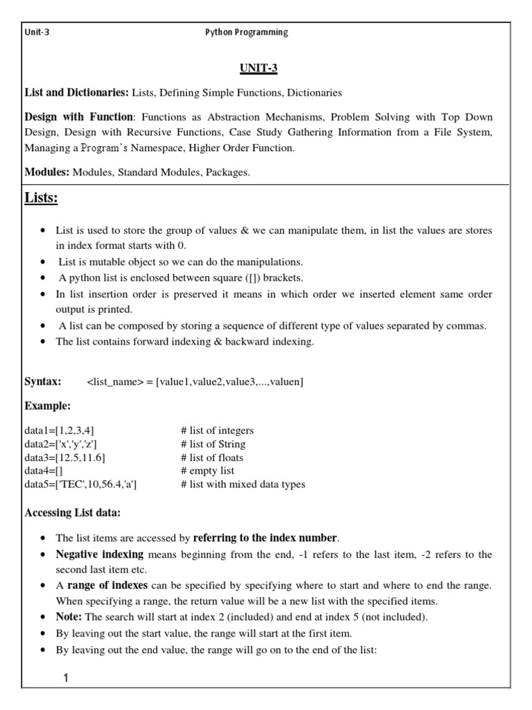 Lists:: Unit-3 Python Programming | Download Free PDF | Anonymous ...
