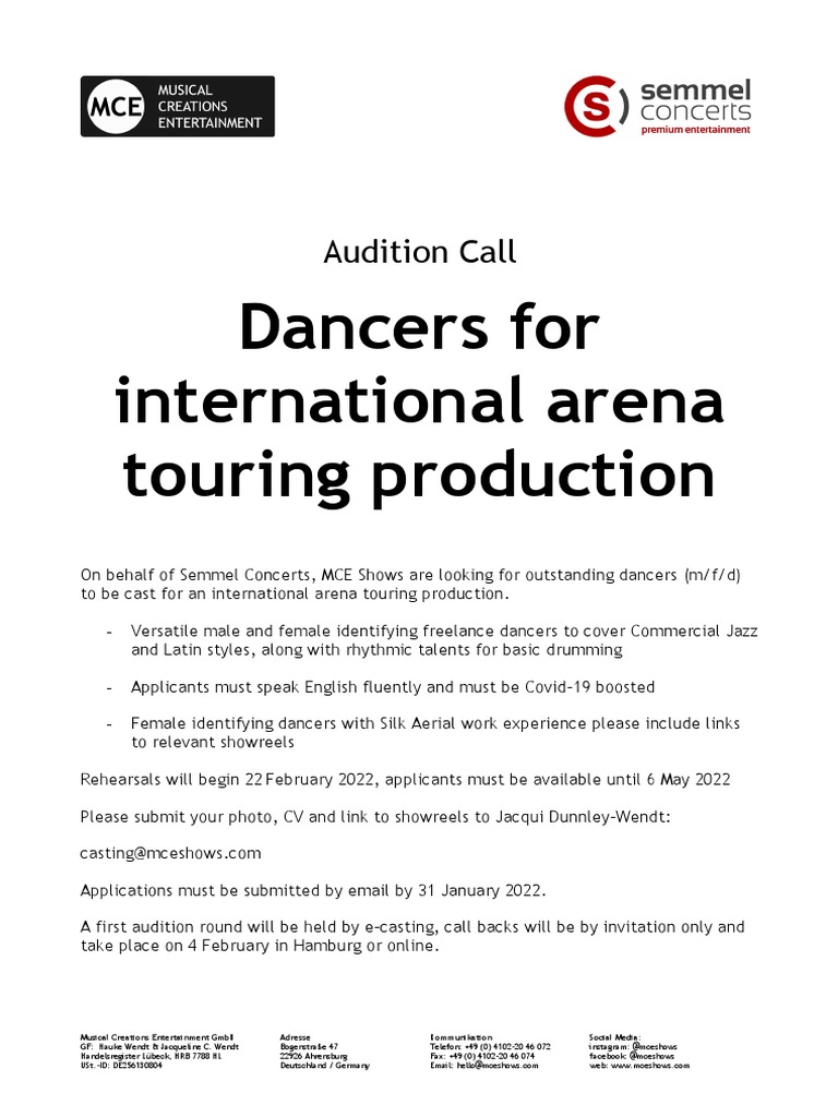 Dancers For International Arena Touring Production: Audition Call | PDF