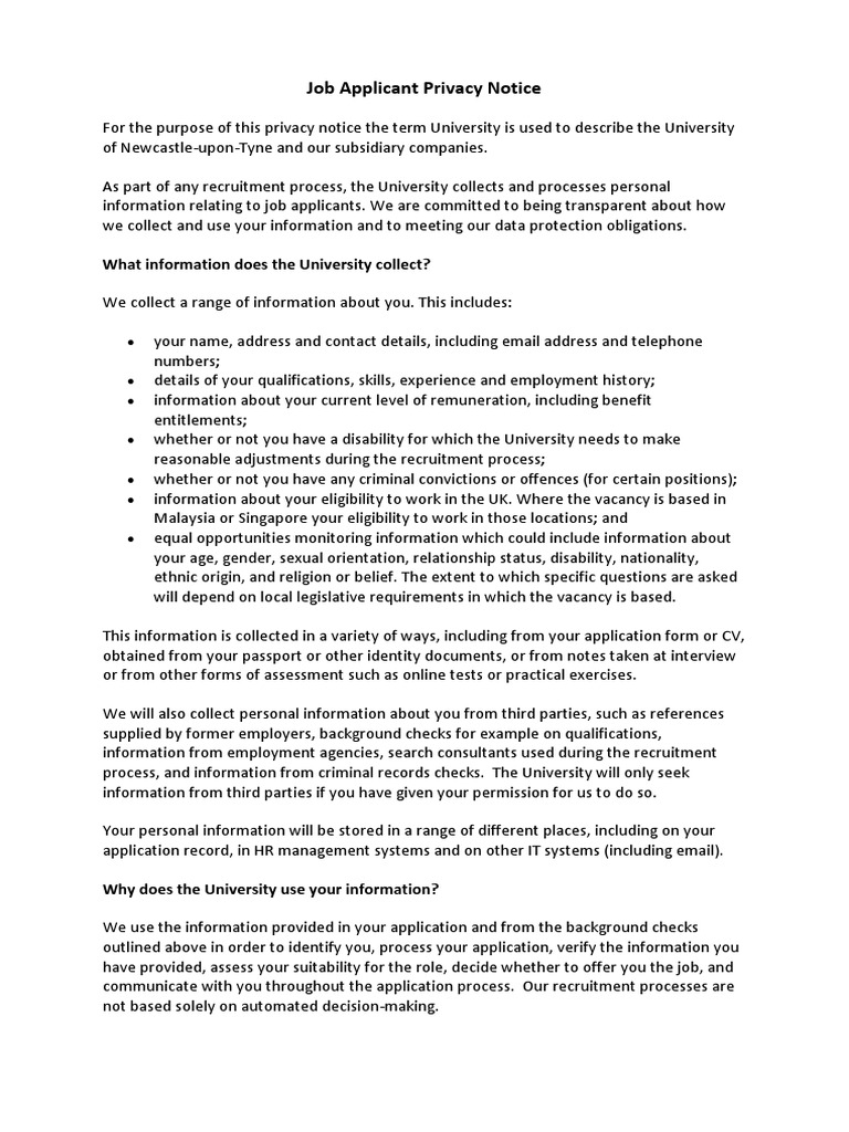 Job Applicant Privacy Notice | PDF | Background Check | Recruitment