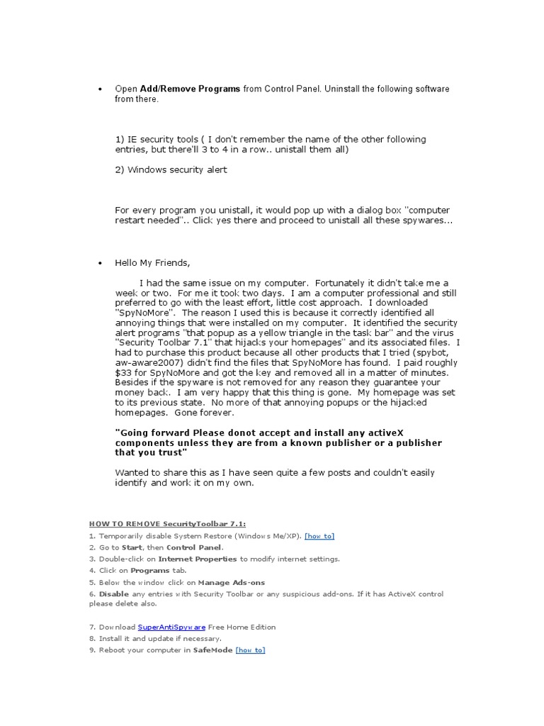 Open Add/Remove Programs From Control Panel. Uninstall The Following ...