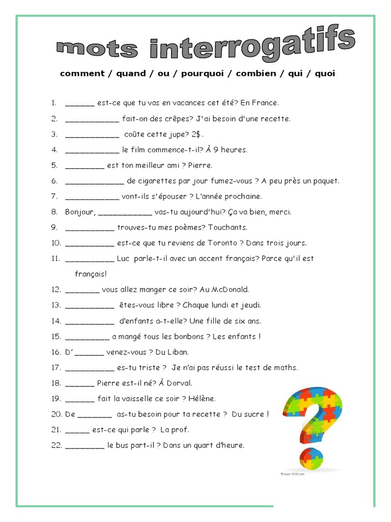 Mots Interrogatifs Comprehension Ecrite Texte Questions 96629 | PDF ...